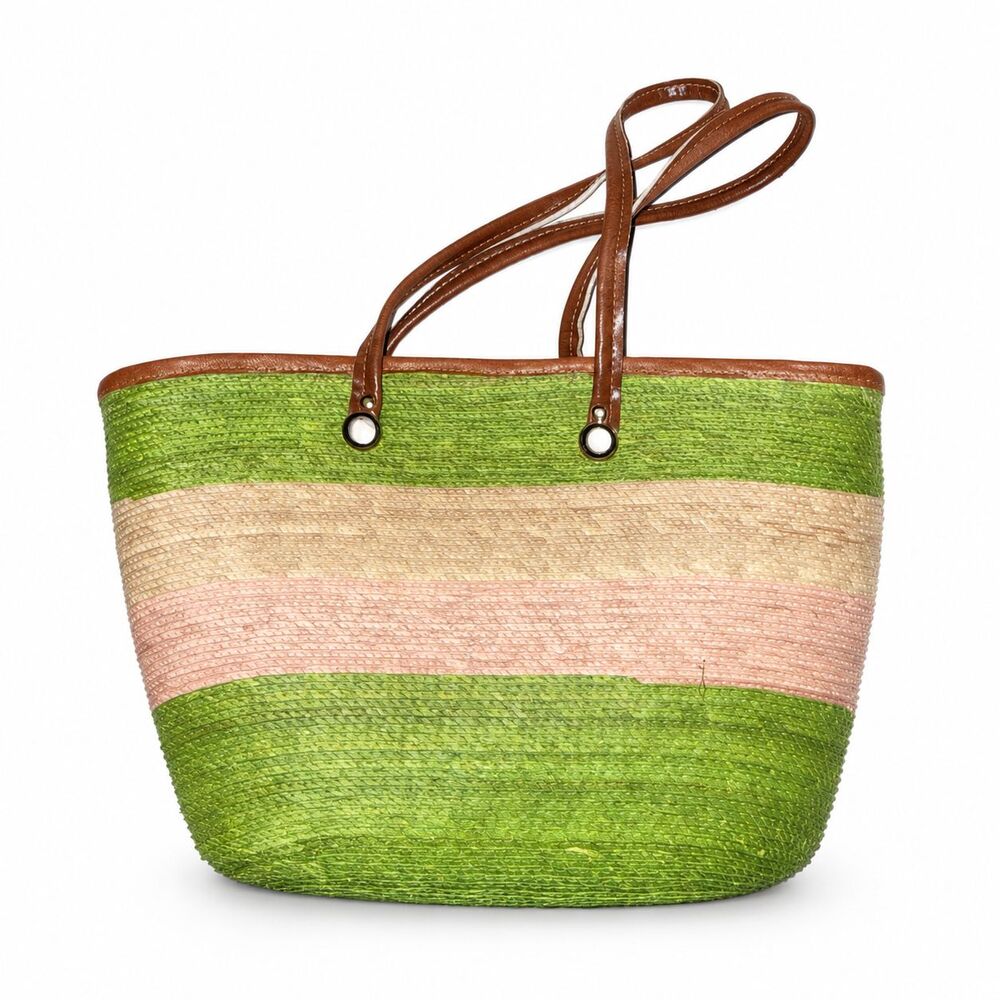 Colorblock Woven Straw Tote Bag Pink Green Brown Boho Summer Resort Purse